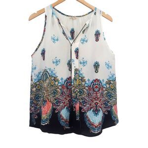 Lily White Women's Medium Sleeveless Blouse White Floral Print V-Neck Tassels